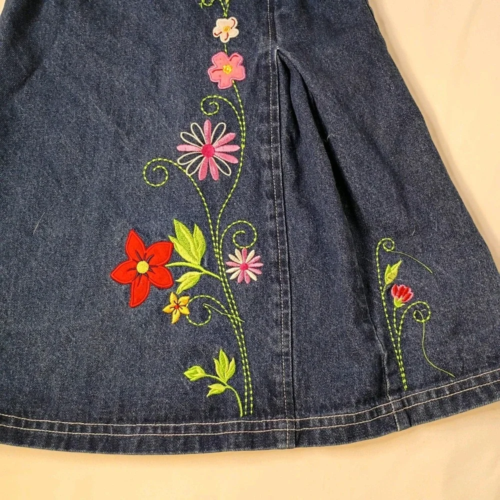 Vintage‎ Duck Head Denim Jumper Dress Flowers Girls Size 4 Embroidered Zipper